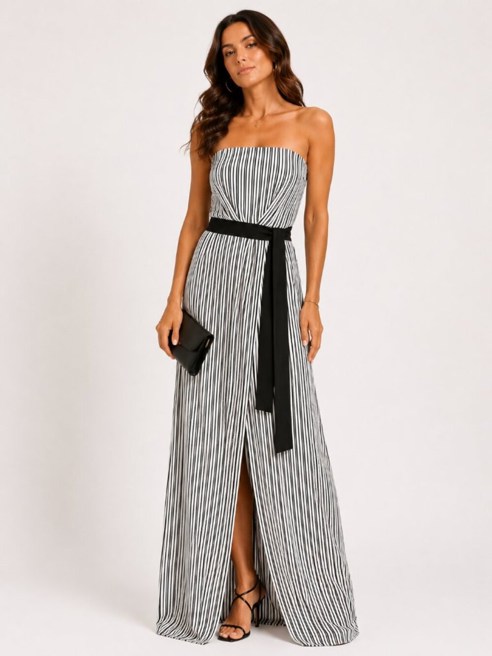 HALSTON Heritage Strapless Striped Maxi Dress Gown 6 Black White
